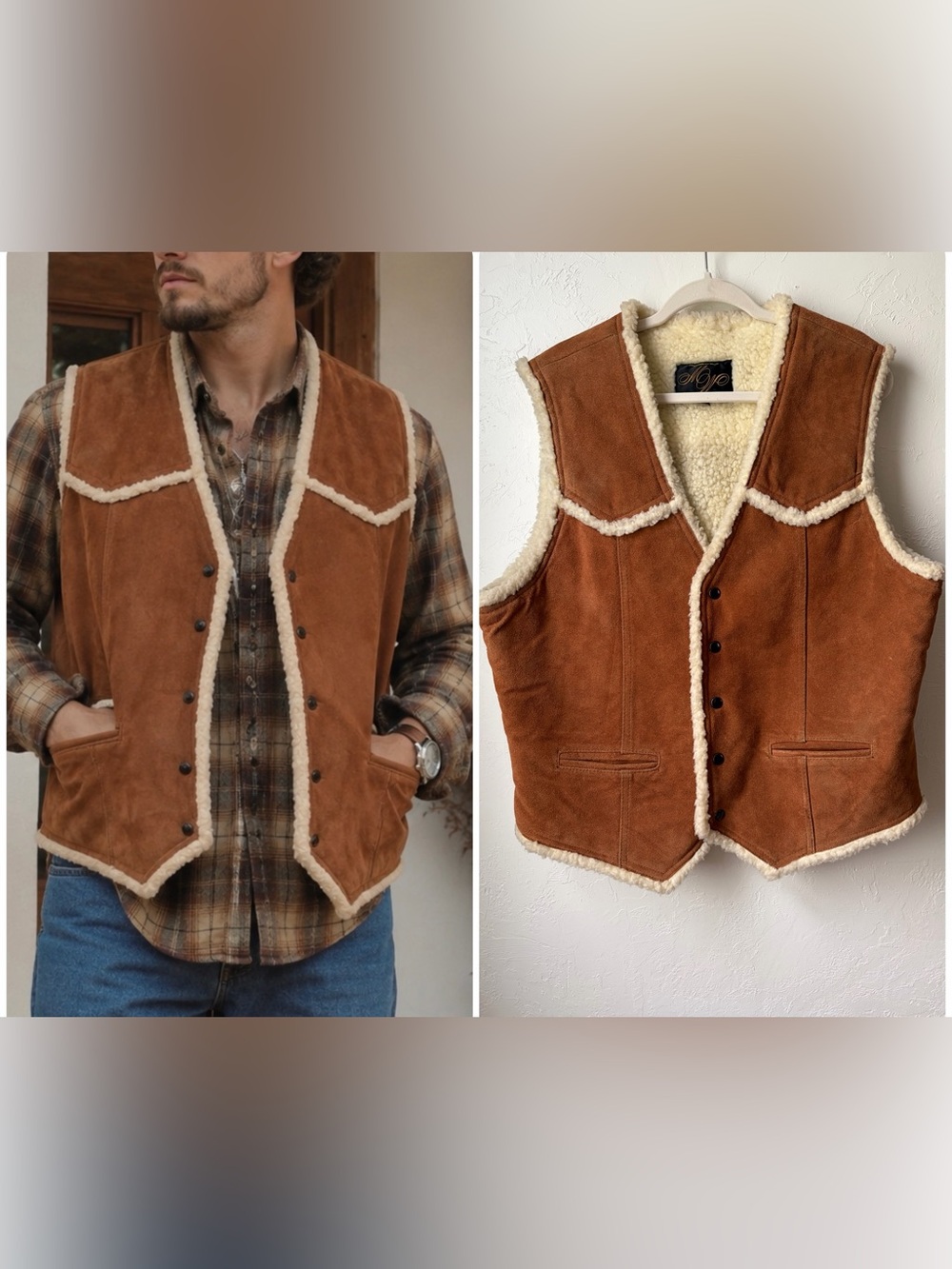Montgomery Ward Vintage 70s Cognac Brown Leather Sherpa Western Vest L